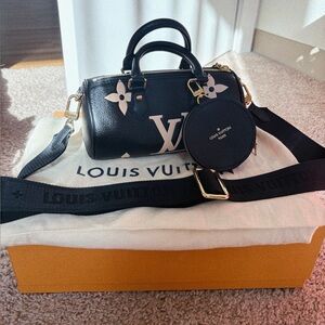 Louis Vuitton Black Mini Speedy Monogram Satchel with Cream Accents